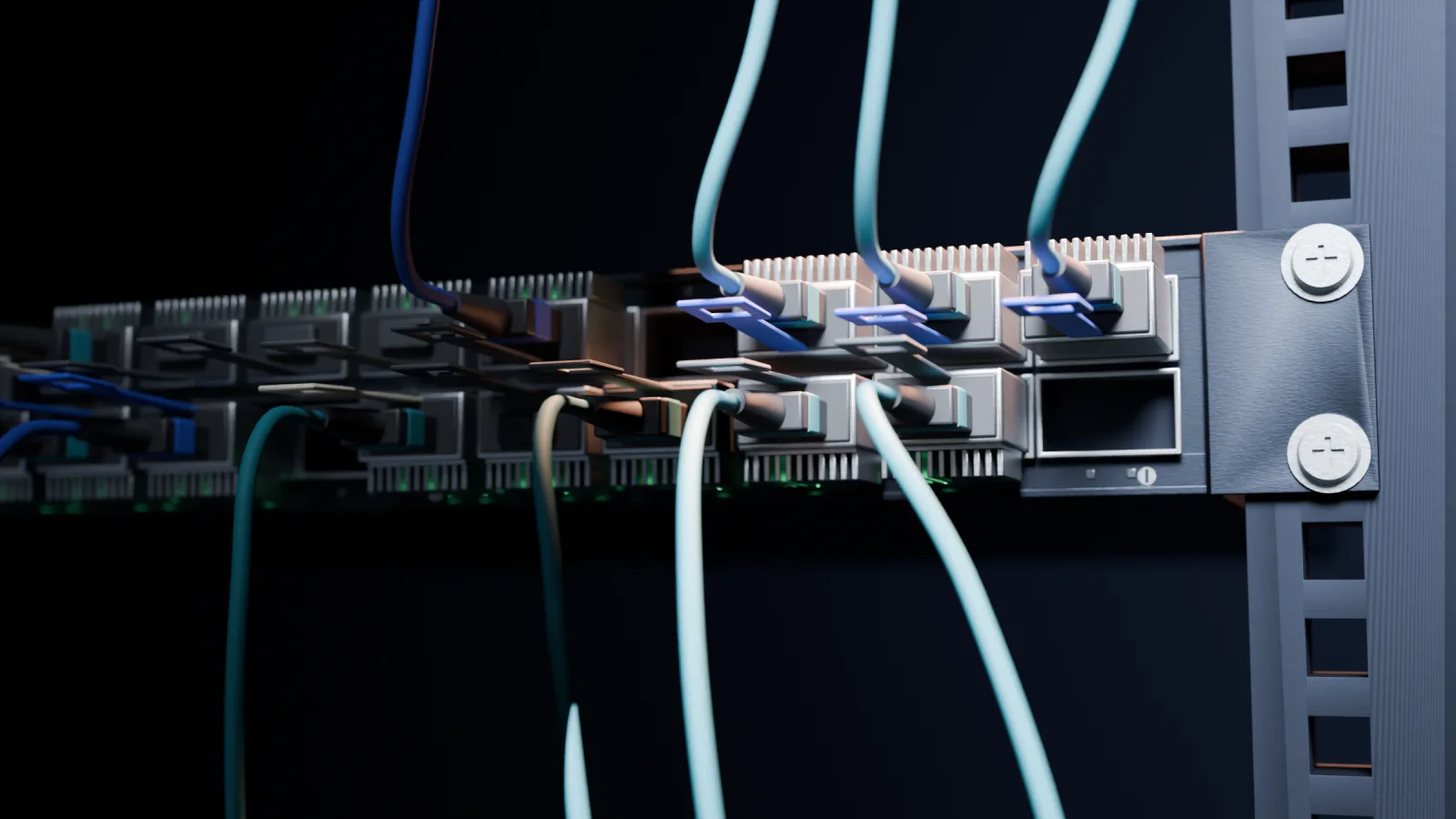 Illustration of a data center switch front panel with dense rows of pluggable optical modules and fiber cables